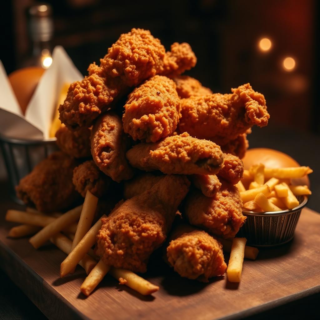 Golden fried chicken with fries and dinner rolls